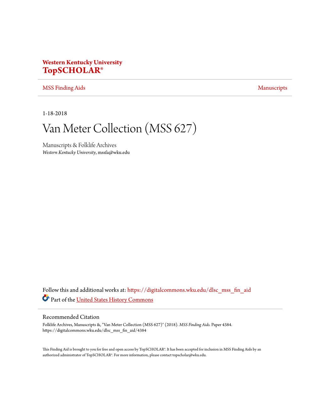 Van Meter Collection (MSS 627) Manuscripts & Folklife Archives Western Kentucky University, Mssfa@Wku.Edu
