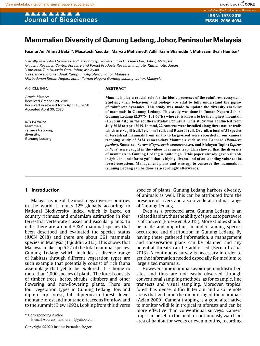 H a Y at I ISSN: 1978-3019 Journal of Biosciences EISSN: 2086-4094