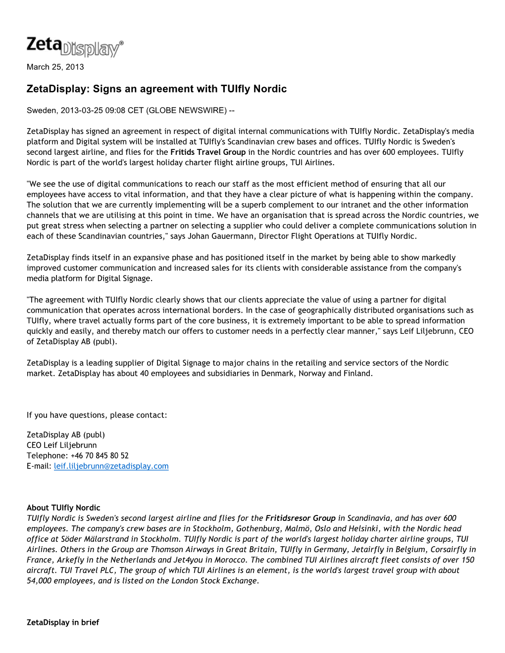 Signs an Agreement with Tuifly Nordic