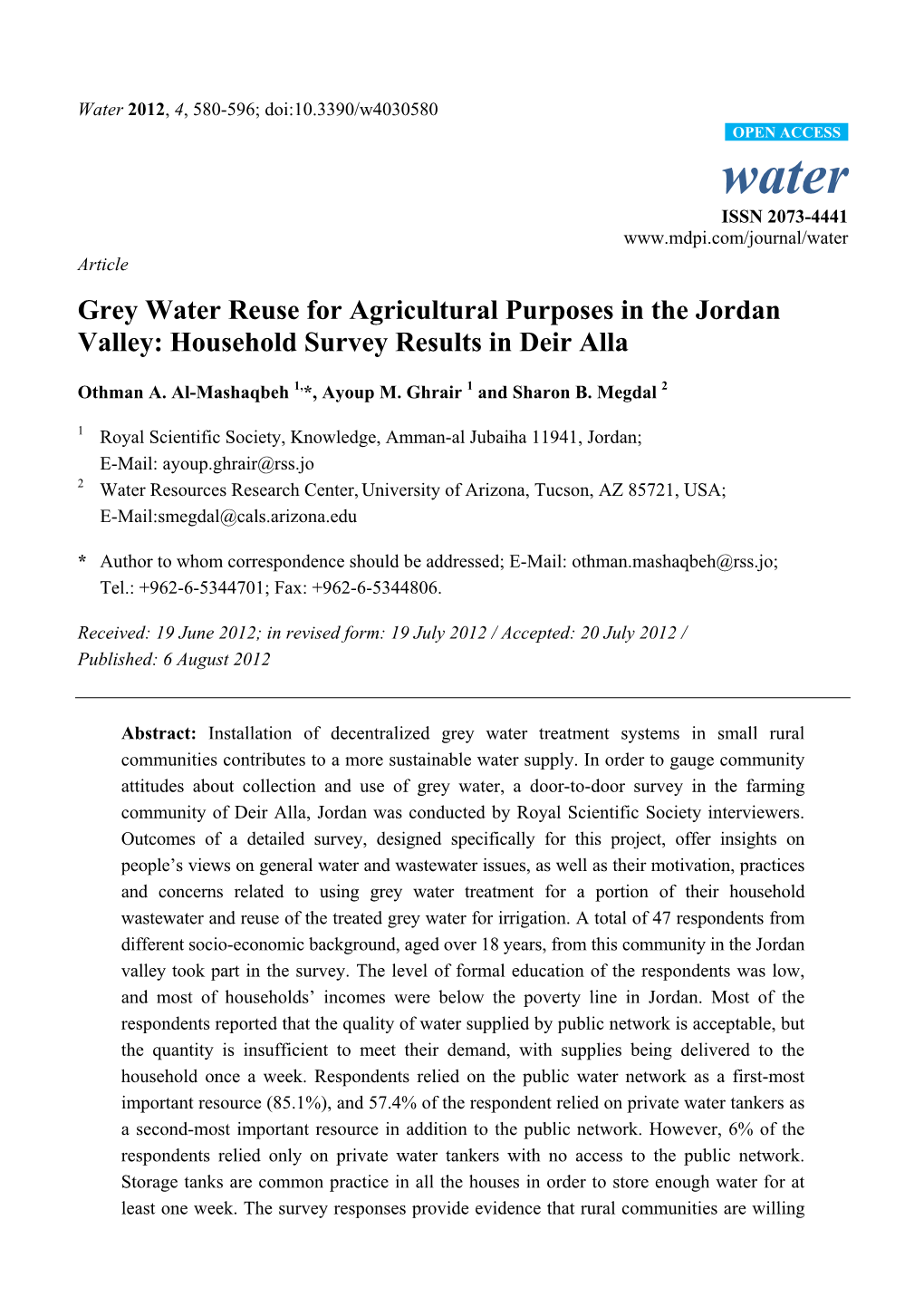 Grey Water Reuse for Agricultural Purposes in the Jordan Valley: Household Survey Results in Deir Alla