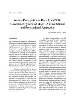 Women Participation in Rural Local Self - Governance System in Odisha : a Constitutional and Reservational Perspective