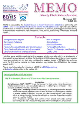 MEMO Is Produced by the Scottish Council of Jewish Communities (Scojec) in Partnership with BEMIS – Empowering Scotland's Ethnic and Cultural Minority Communities