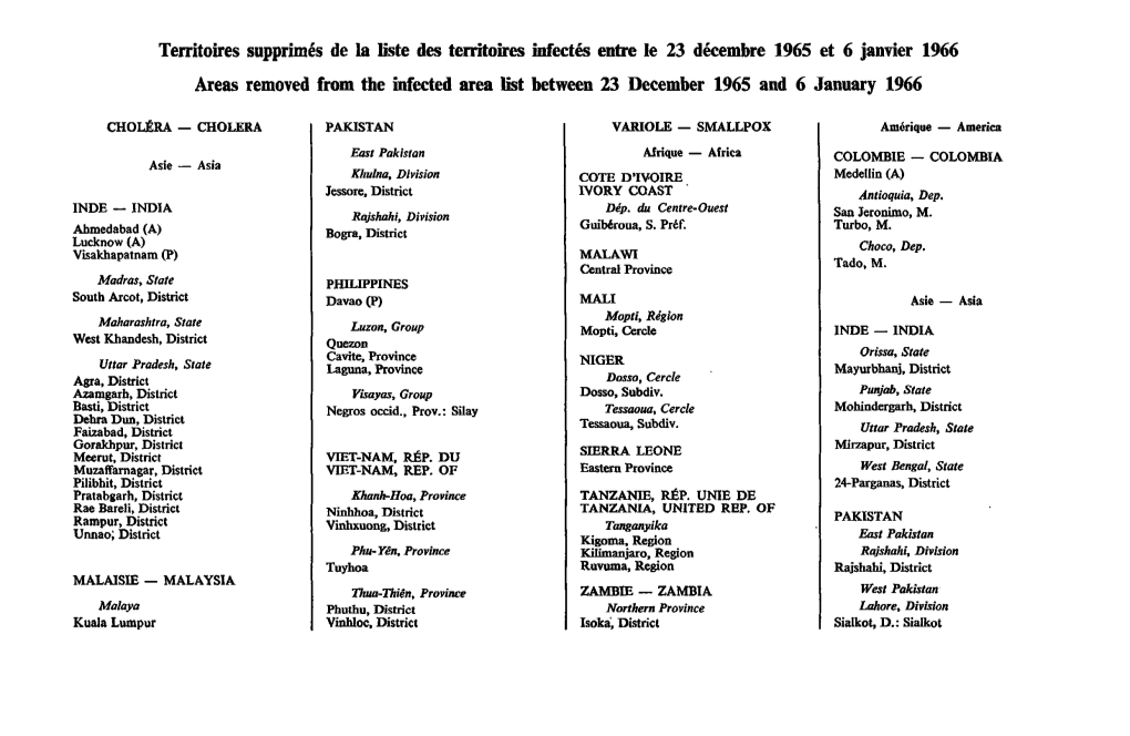 Territoires Supprimés De La Liste Des Territoires Infectés Entre Le 23 Décembre 1965 Et 6 Janvier 1966 Areas Removed From