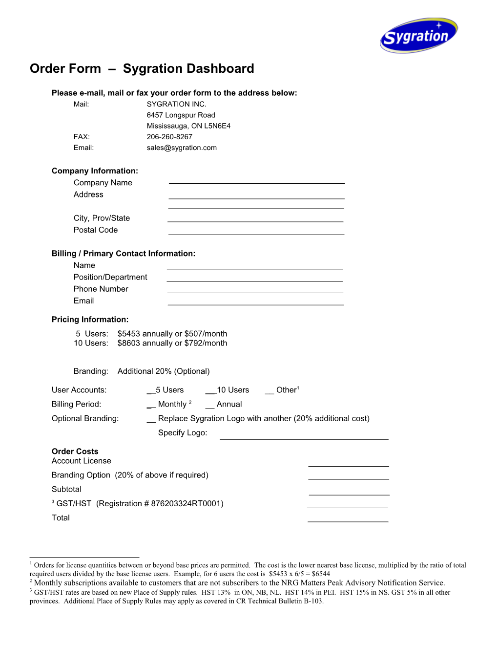 Sygration Dashboard Order Form