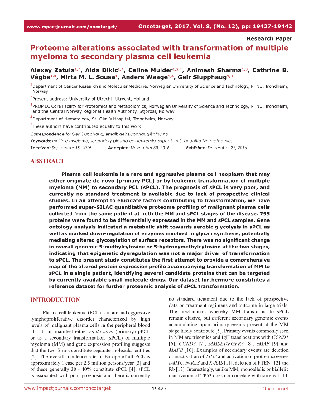 Proteome Alterations Associated with Transformation of Multiple Myeloma to Secondary Plasma Cell Leukemia