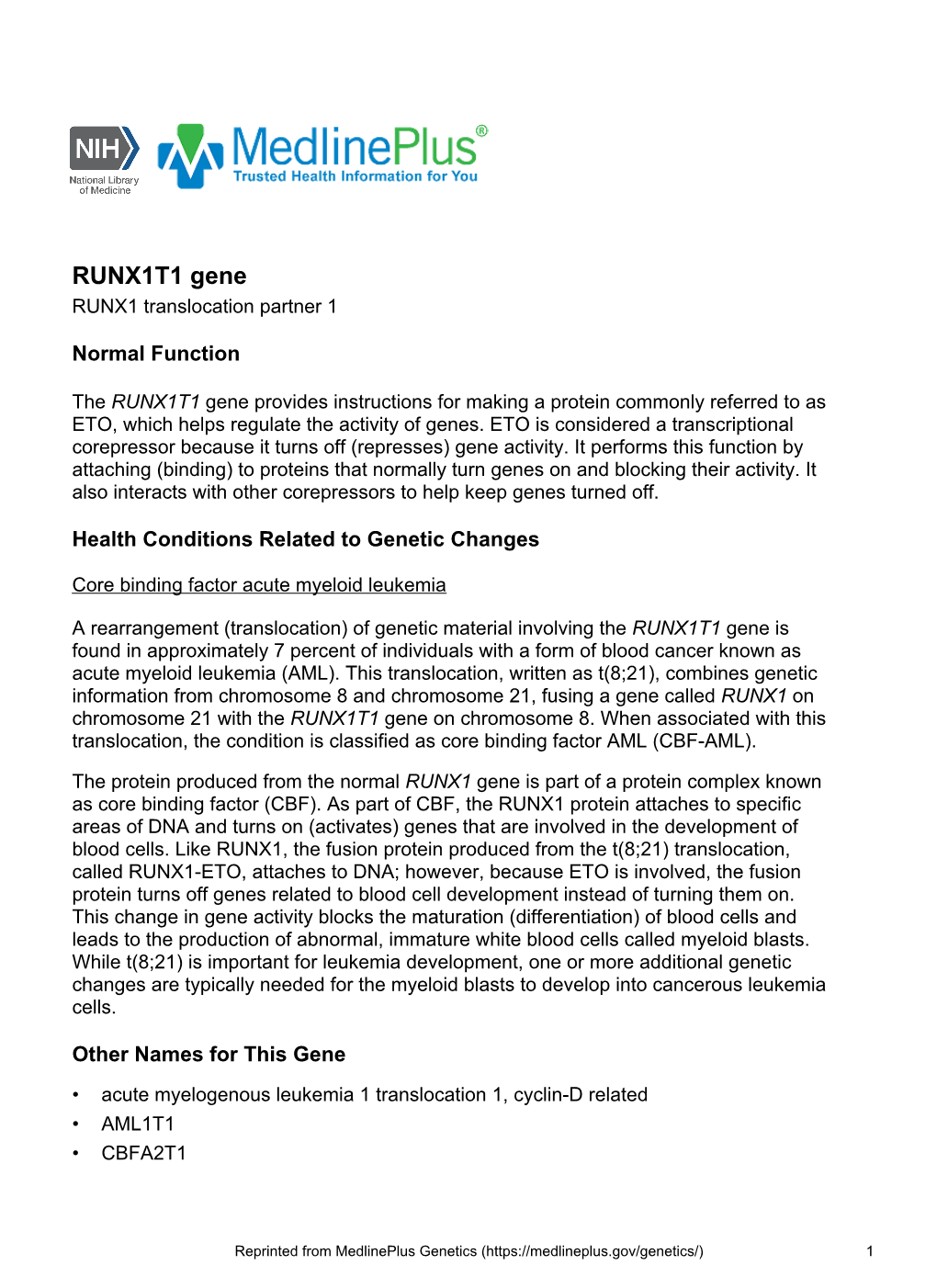 RUNX1T1 Gene RUNX1 Translocation Partner 1