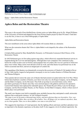 Aphra Behn and the Restoration Theatre