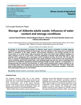 Storage of Alibertia Edulis Seeds: Influence of Water Content and Storage Conditions