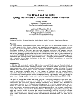 The Brand and the Bold: Synergy and Sidekicks in Licensed-Based Children’S Television