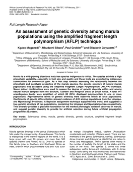 An Assessment of Genetic Diversity Among Marula Populations Using the Amplified Fragment Length Polymorphism (AFLP) Technique