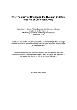 The Theology of Ritual and the Russian Old Rite: ‘The Art of Christian Living’