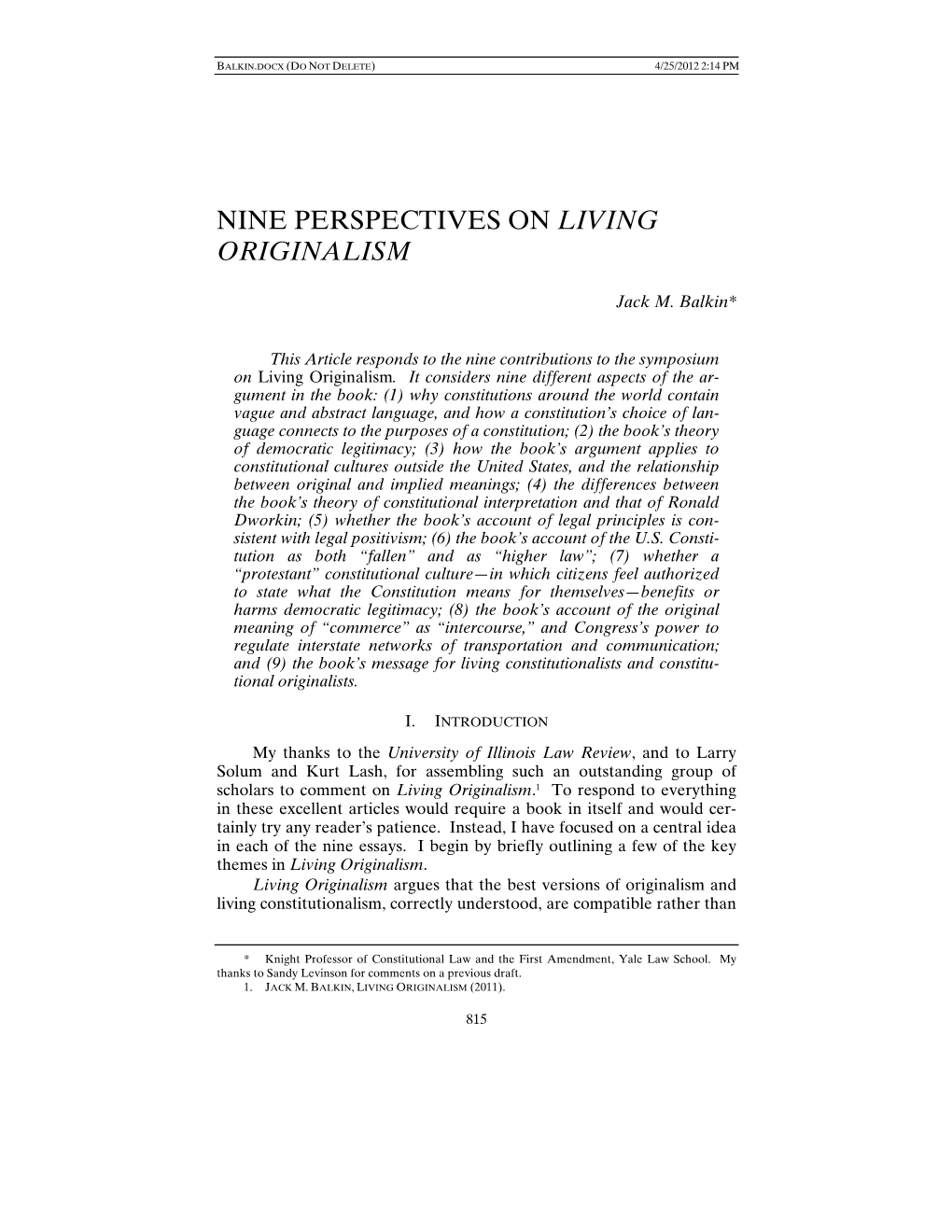 Nine Perspectives on Living Originalism