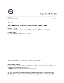 A Survey of the Herpetofauna of the Death Valley Area