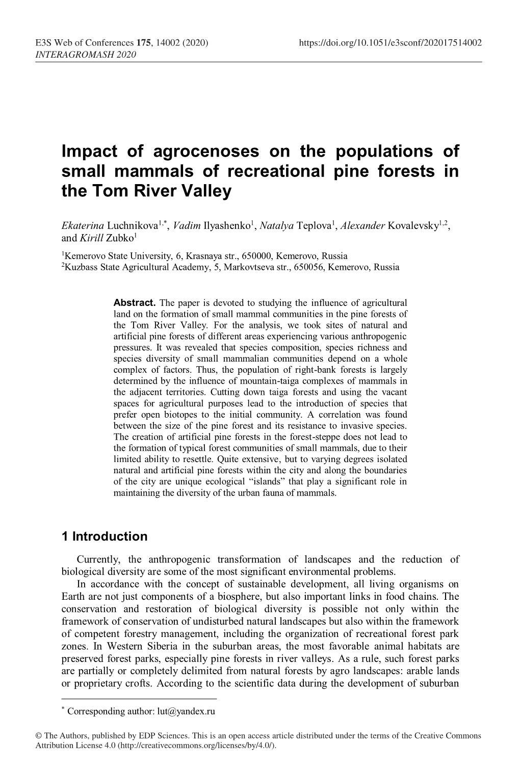 Impact of Agrocenoses on the Populations of Small Mammals of Recreational Pine Forests in the Tom River Valley