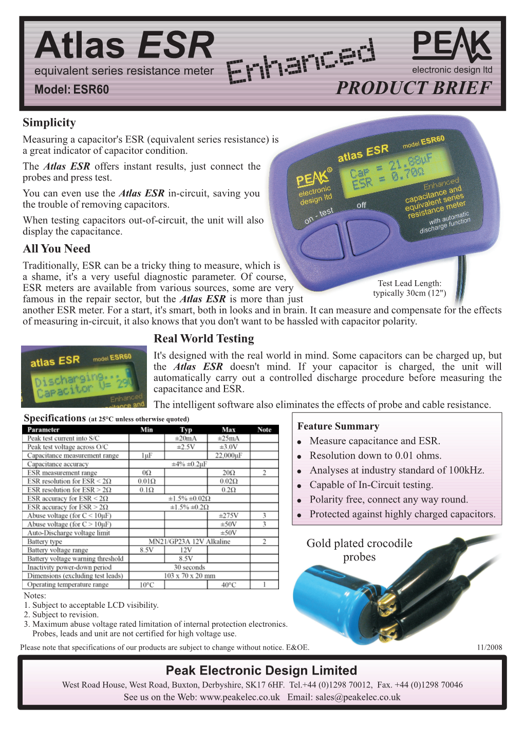 Atlas ESR Equivalent Series Resistance Meter Electronic�Design�Ltd Model: ESR60 PRODUCT�BRIEF