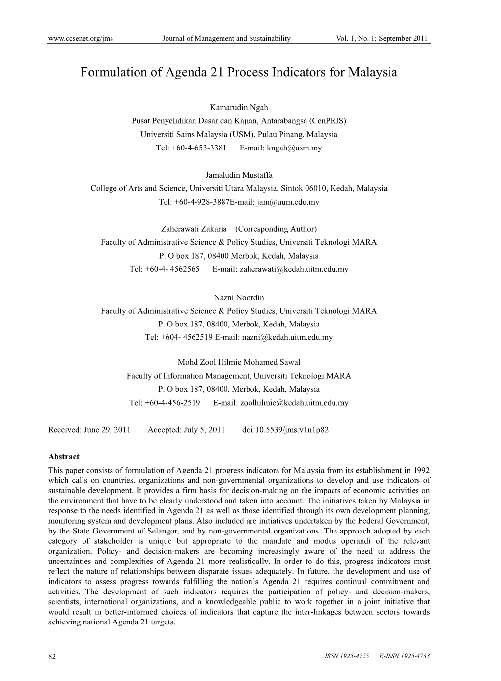 Formulation of Agenda 21 Process Indicators for Malaysia