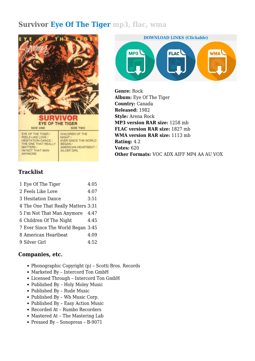 Survivor Eye of the Tiger Mp3, Flac, Wma