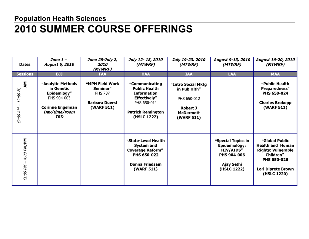 MPH Program Summer Course Offerings