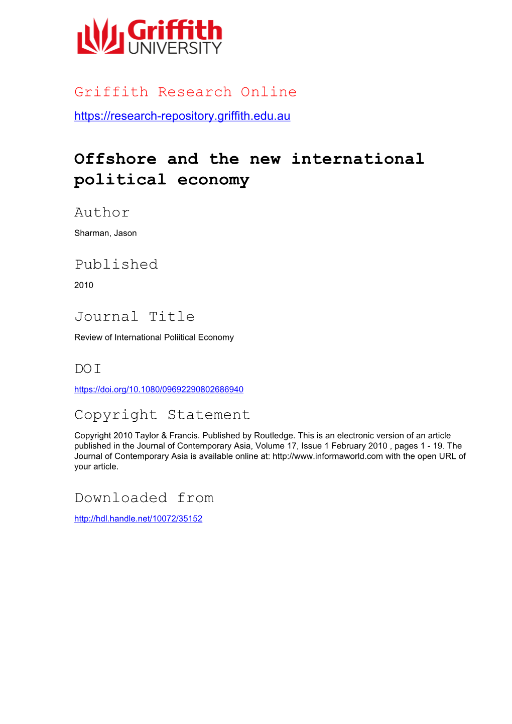 Offshore and the New International Political Economy Author Sharman, Jason