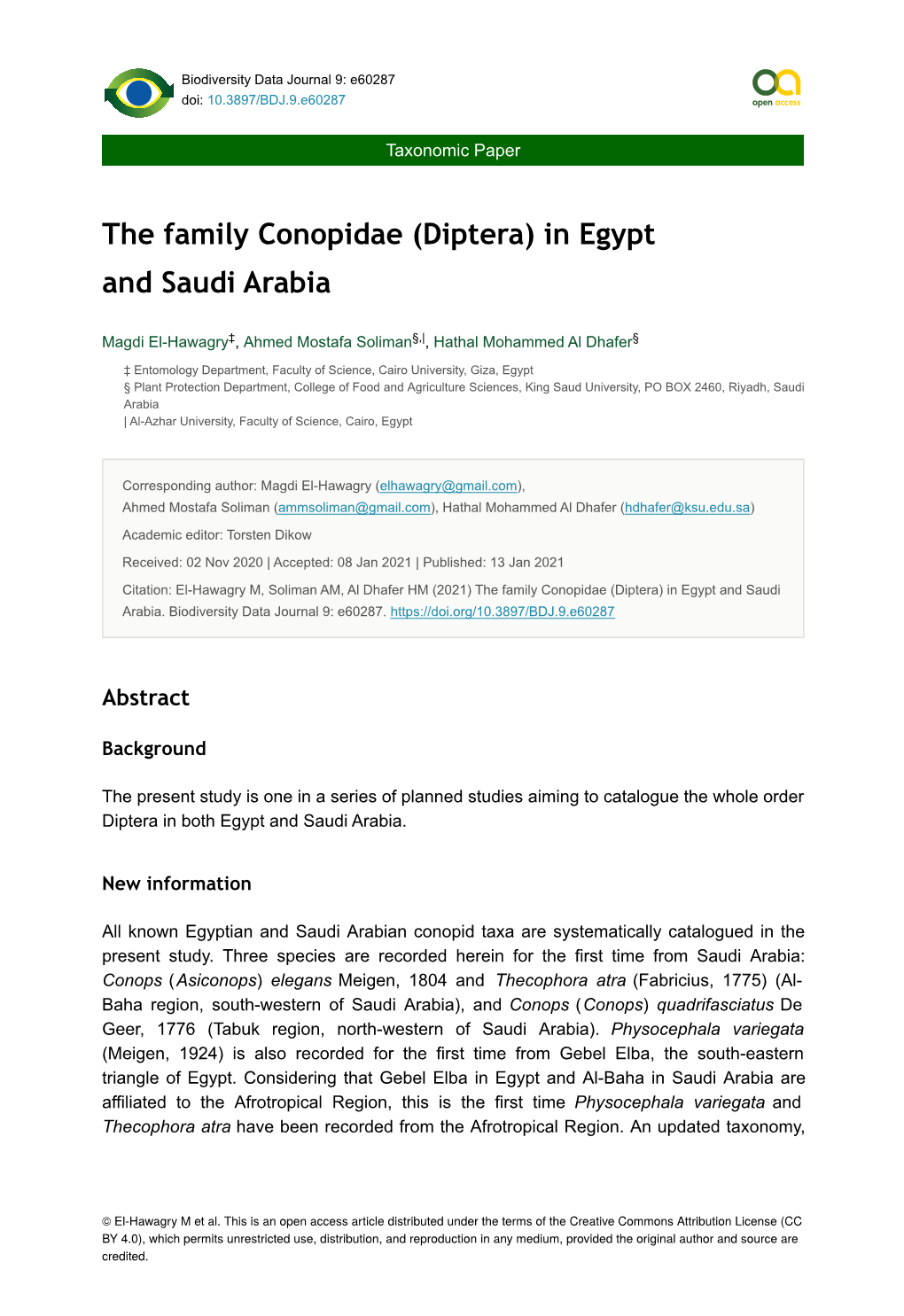 The Family Conopidae (Diptera) in Egypt and Saudi Arabia