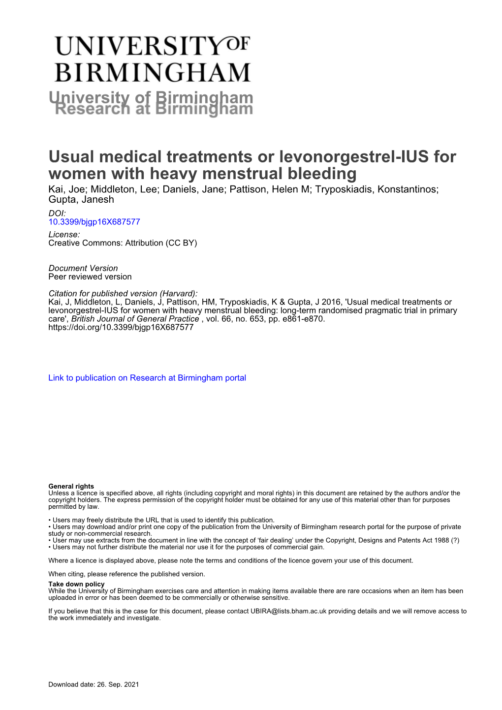 University of Birmingham Usual Medical Treatments Or