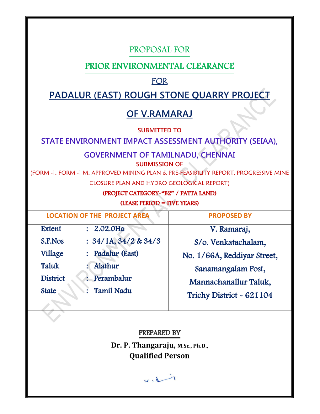 Padalur (East) Rough Stone Quarry Project of V.Ramaraj