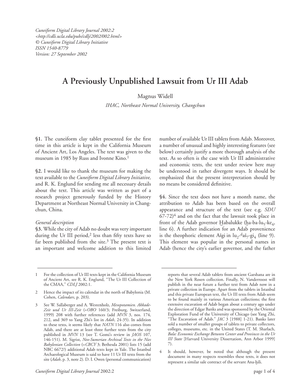 A Previously Unpublished Lawsuit from Ur III Adab