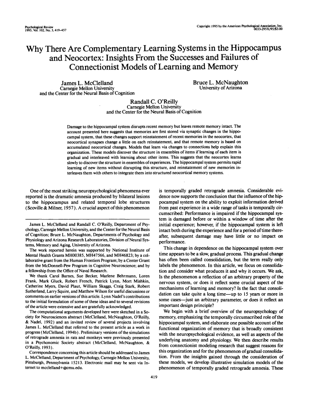 Why There Are Complementary Learning Systems in the Hippocampus and Neocortex: Insights from the Successes and Failures of Connectionist Models of Learning and Memory