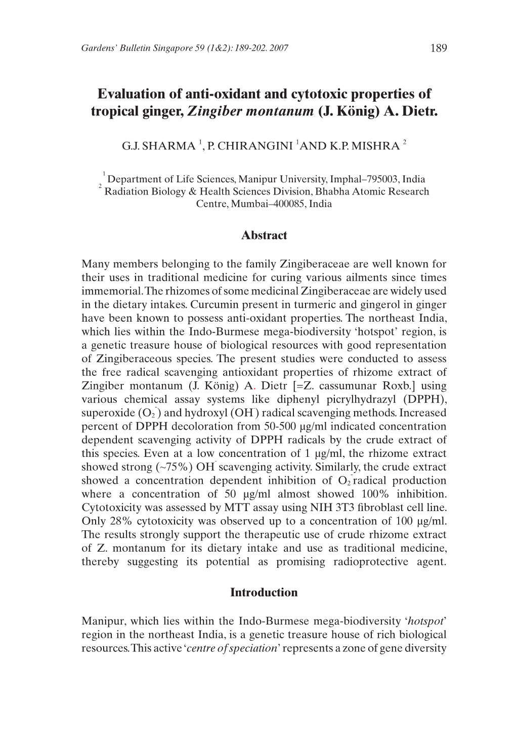 Evaluation of Anti-Oxidant and Cytotoxic Properties of Tropical Ginger, Zingiber Montanum (J