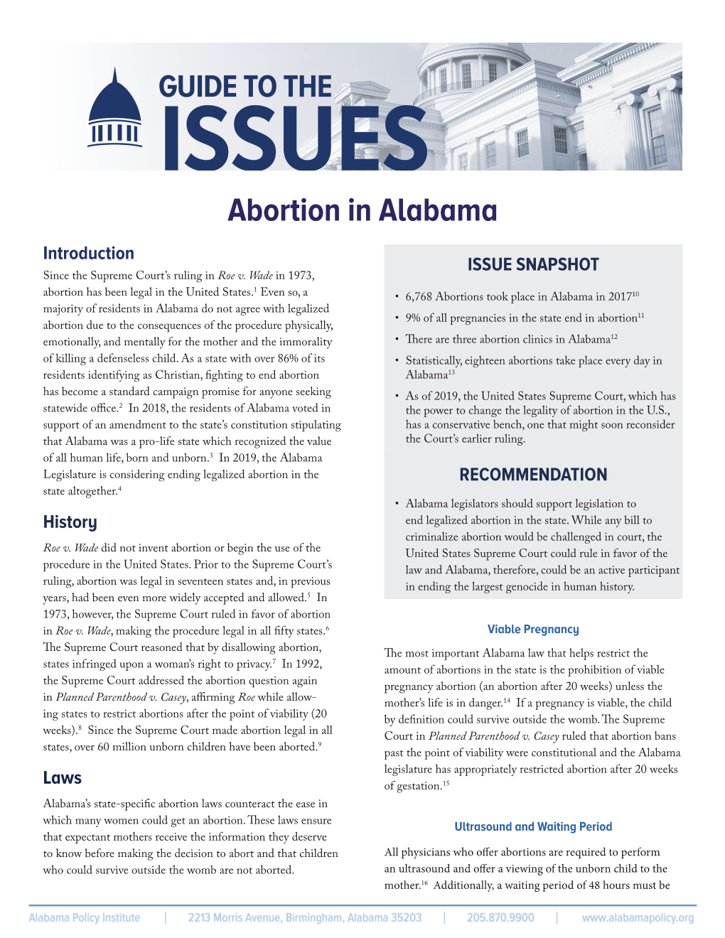 Abortion in Alabama Introduction ISSUE SNAPSHOT Since the Supreme Court’S Ruling in Roe V