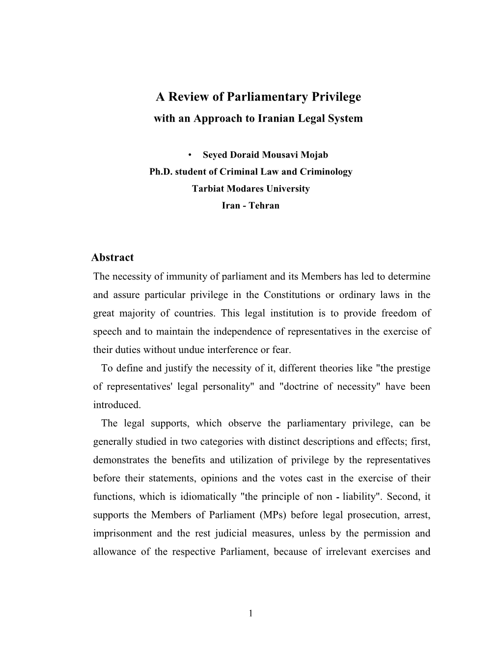A Review of Parliamentary Privilege with an Approach to Iranian Legal System