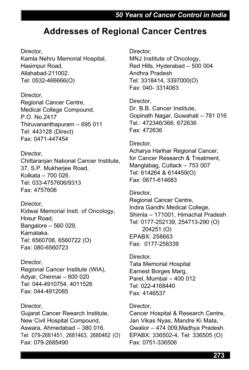 Addresses of Regional Cancer Centres