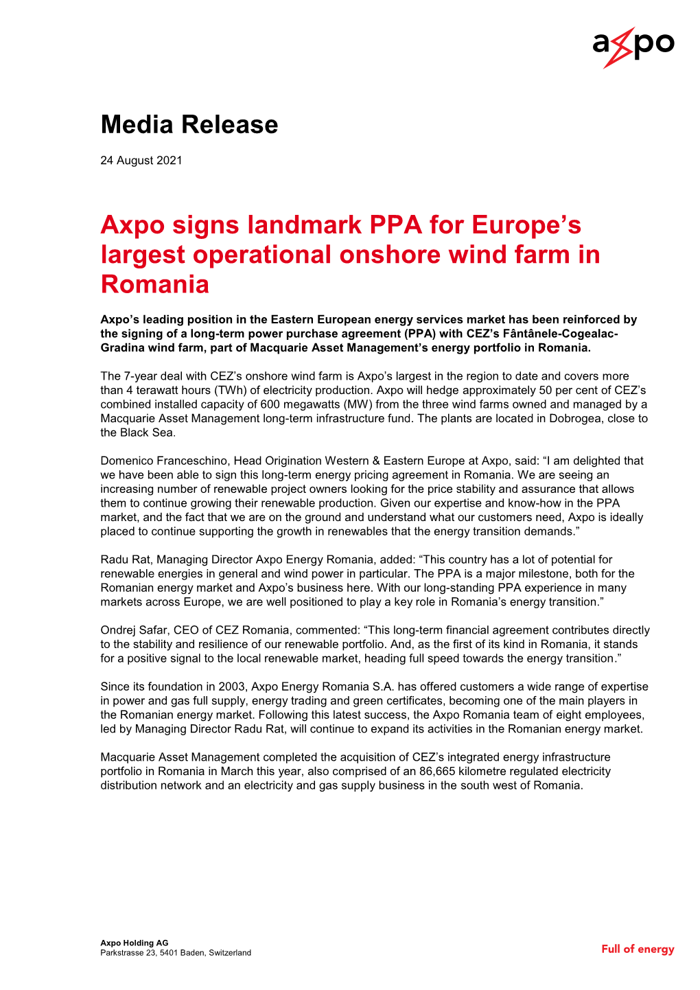 Media Release Axpo Signs Landmark PPA for Europe's Largest