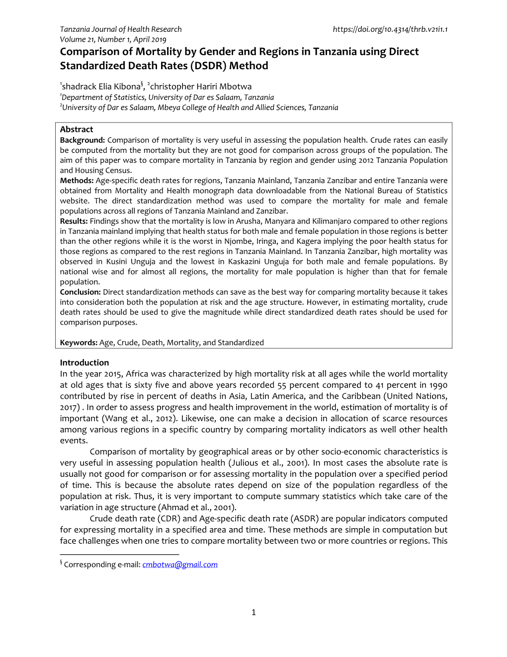 Comparison of Mortality by Gender and Regions in Tanzania Using Direct Standardized Death Rates (DSDR) Method