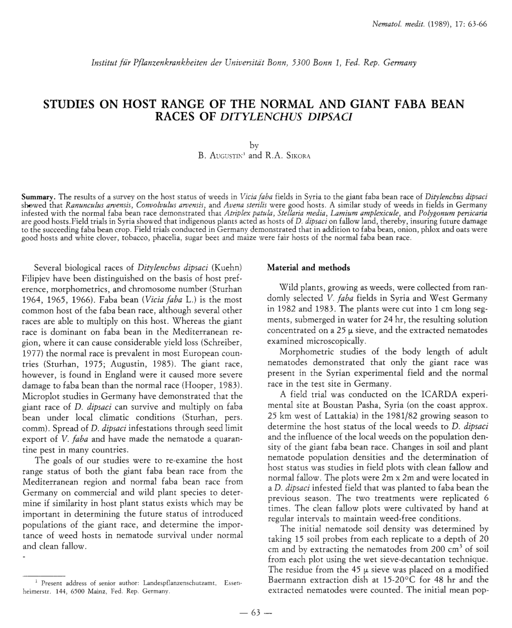 Studies on Host Range of the Normal and Giant Faba Bean Races of Ditylenchus Dipsaci
