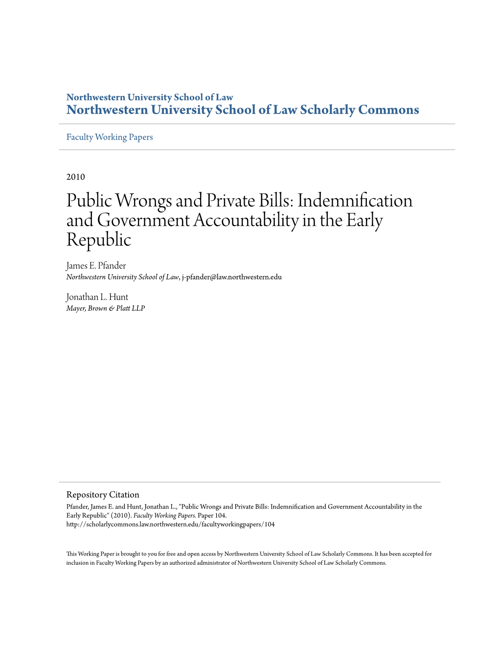 Public Wrongs and Private Bills: Indemnification and Government Accountability in the Early Republic James E