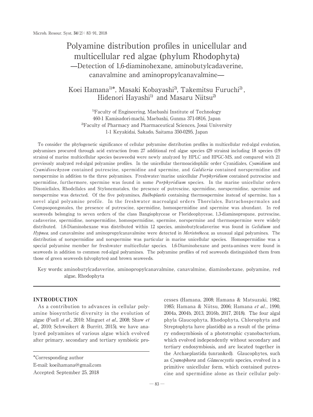 Polyamine Distribution Profiles in Unicellular and Multicellular Red Algae