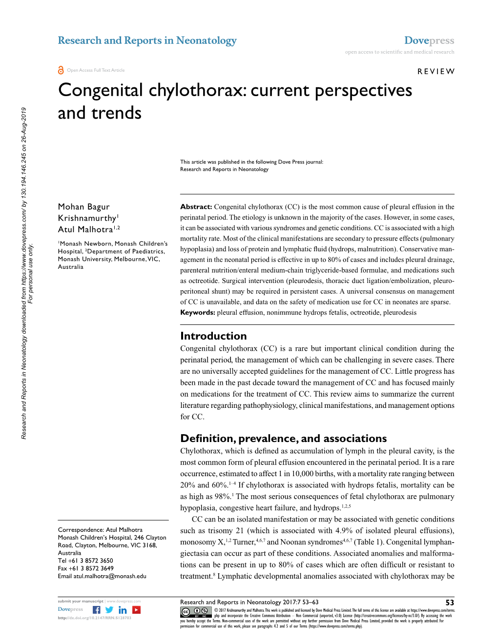 Congenital Chylothorax Open Access to Scientific and Medical Research DOI