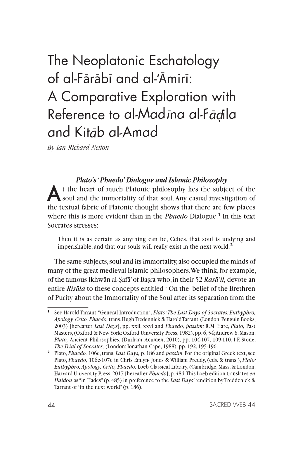 The Neoplatonic Eschatology of Al-Fārābī and Al-ʻāmirī