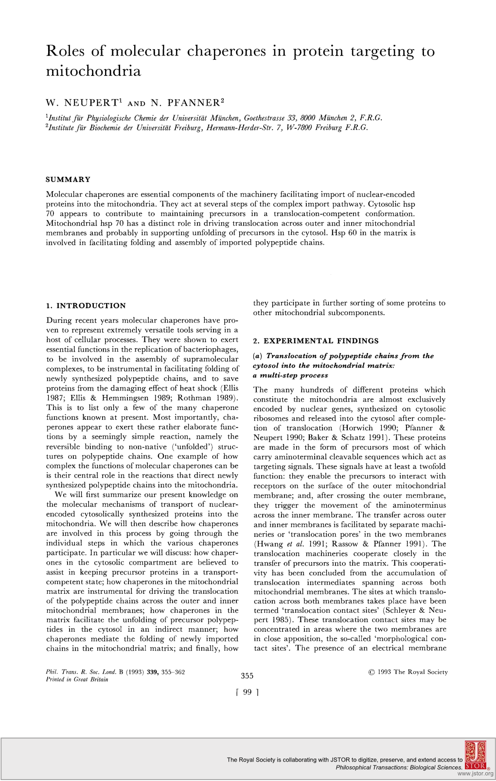 Roles of Molecular Chaperones in Protein Targeting to Mitochondria