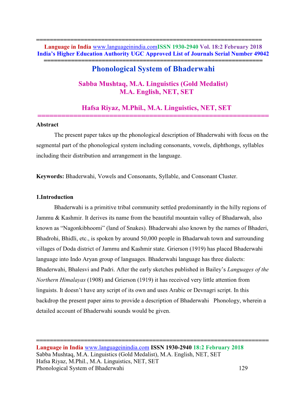 Phonological System of Bhaderwahi