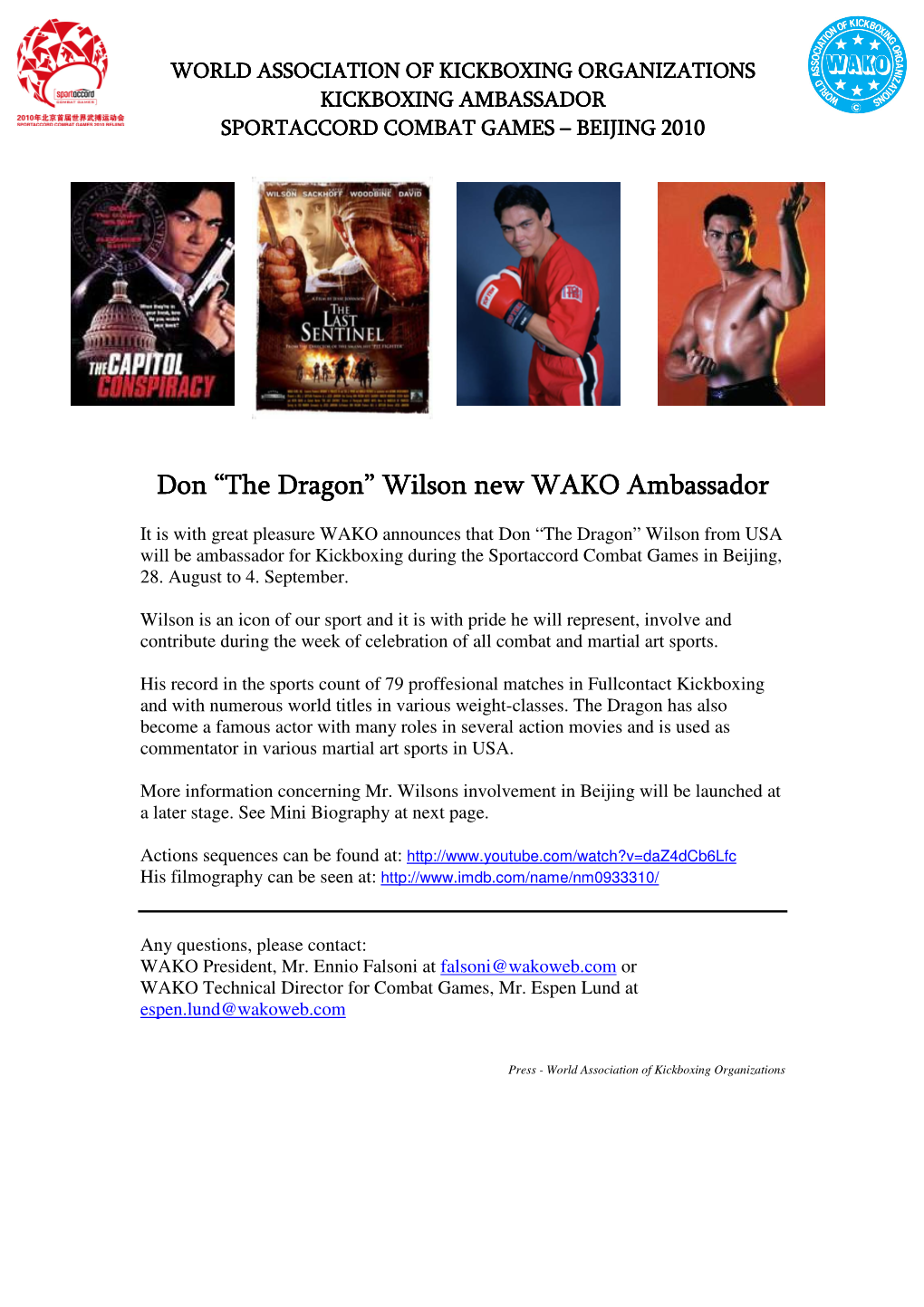 Don “The Dragon” Wilson New WAKO Ambassador Don “The Dragon