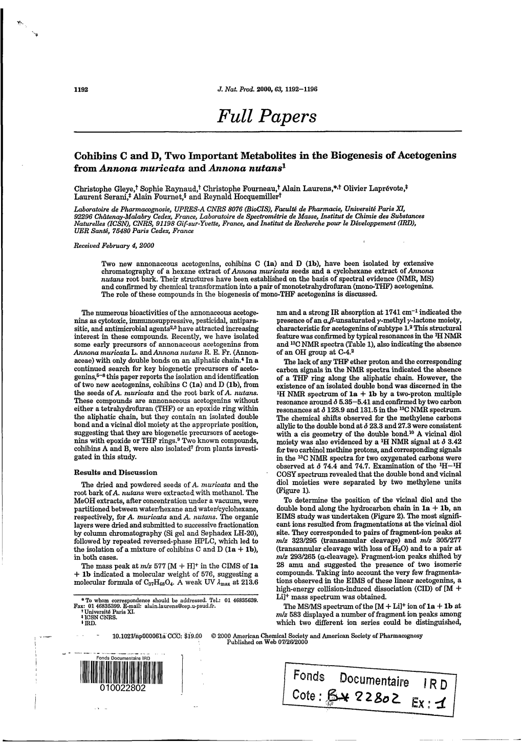 Cohibins C and D, Two Important Metabolites in the Biogenesis of Acetogenins from Annona Muricata and Annona Nutans'