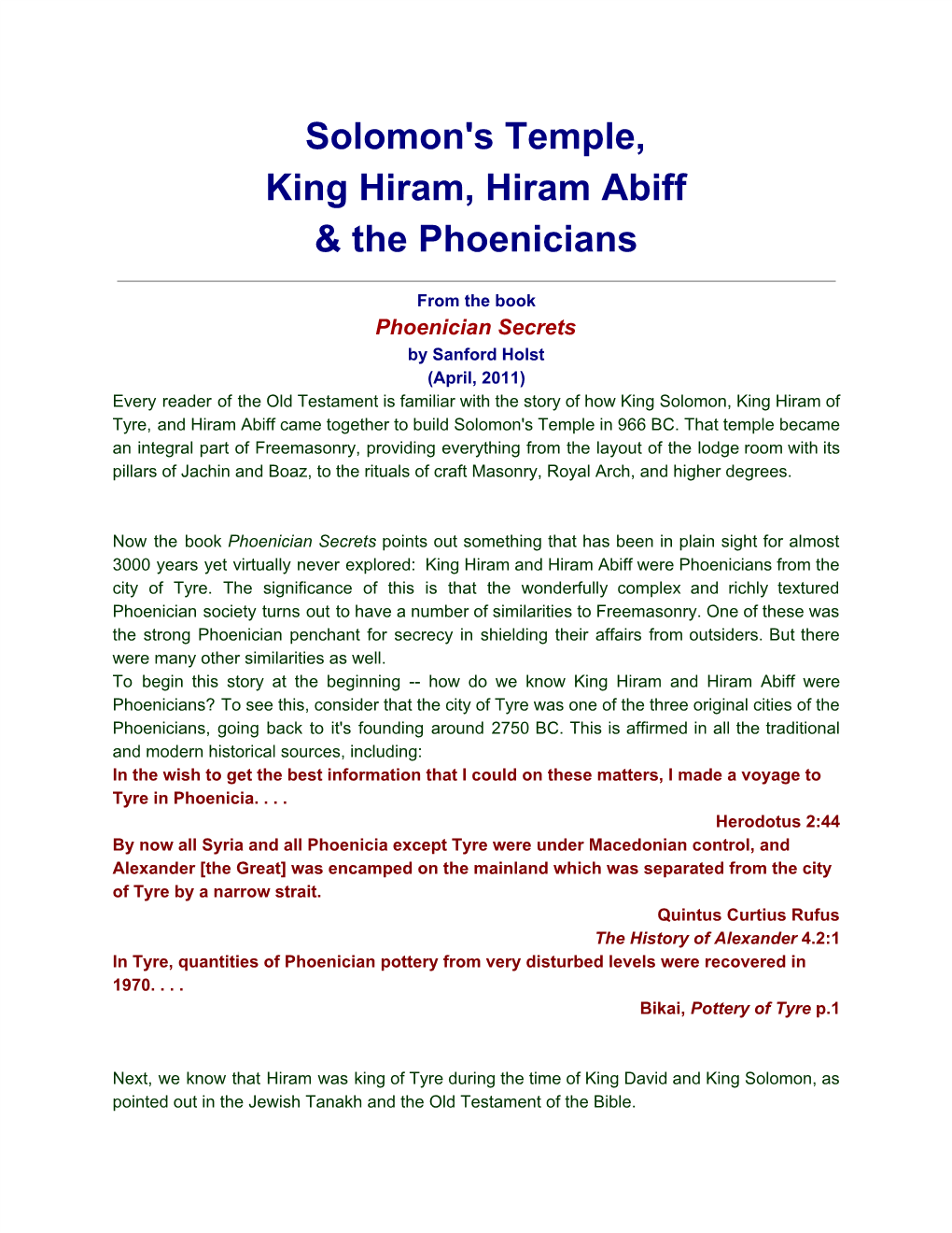 Solomon's Temple, King Hiram, Hiram Abiff & the Phoenicians