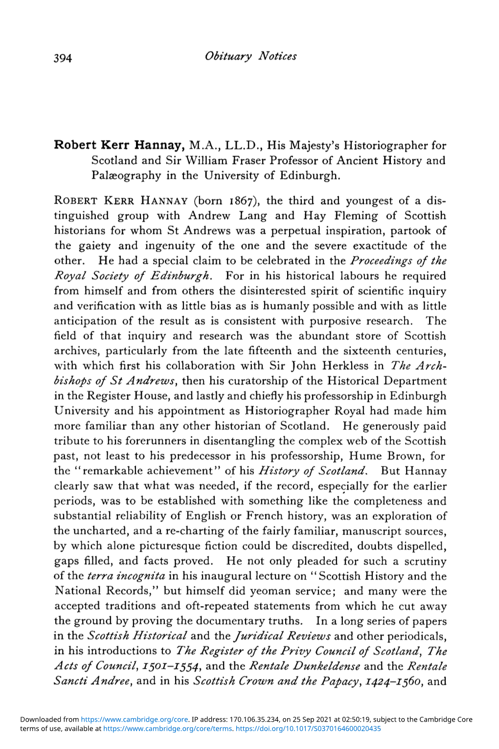394 Obituary Notices Robert Kerr Hannay, M.A., LL.D., His Majesty's