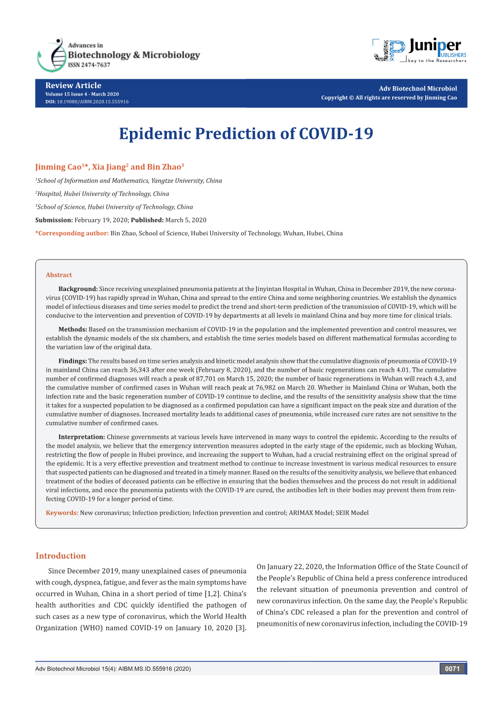 Epidemic Prediction of COVID-19