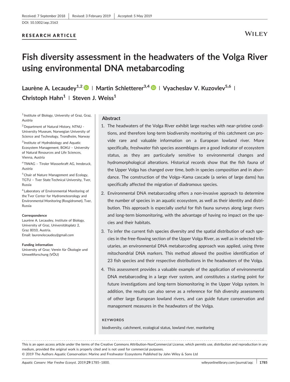 Fish Diversity Assessment in the Headwaters of the Volga River Using Environmental DNA Metabarcoding