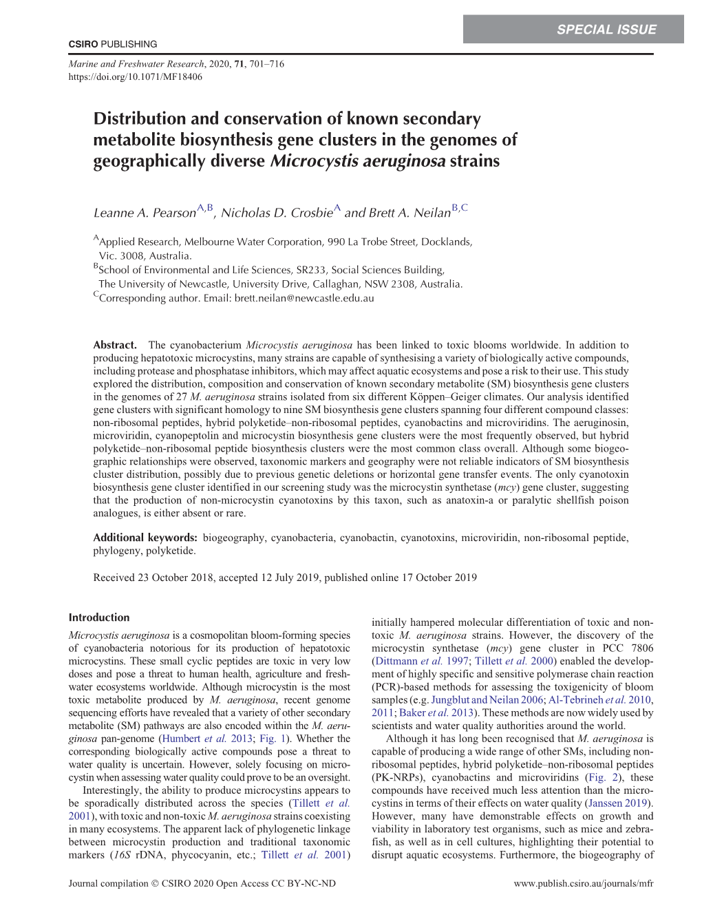 Distribution and Conservation of Known Secondary Metabolite Biosynthesis Gene Clusters in the Genomes of Geographically Diverse Microcystis Aeruginosa Strains