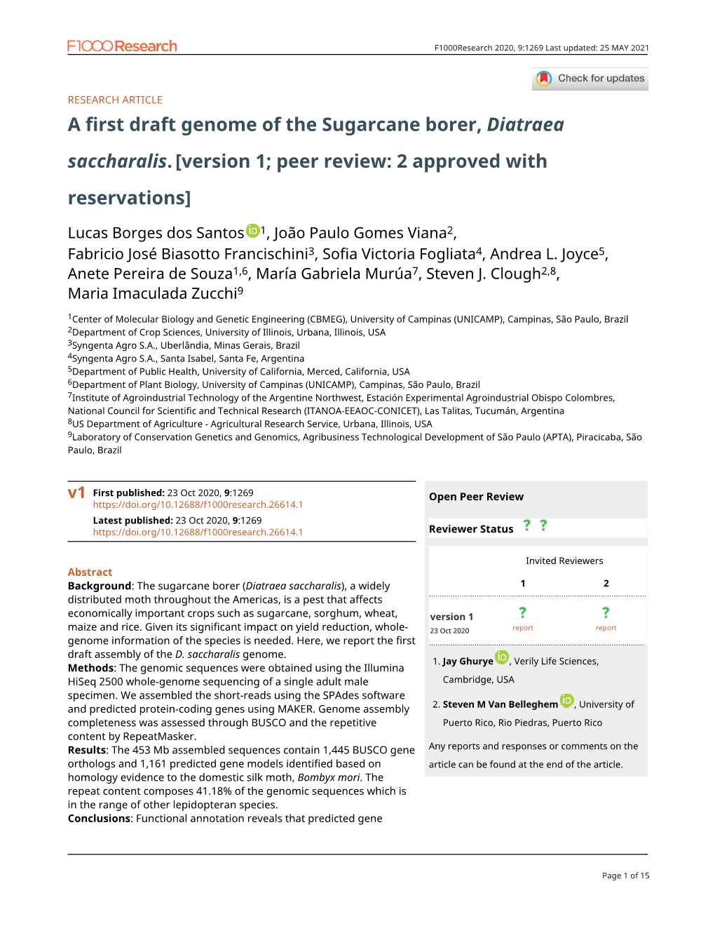 A First Draft Genome of the Sugarcane Borer, Diatraea Saccharalis.[Version 1; Peer Review: 2 Approved with Reservations]