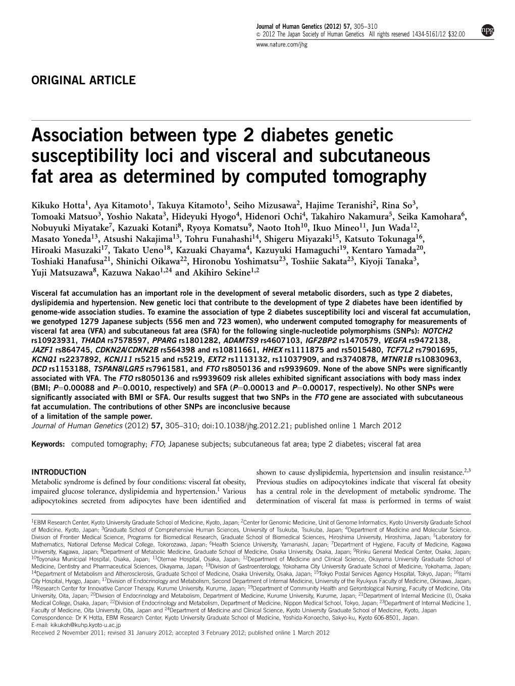 Association Between Type 2 Diabetes Genetic Susceptibility Loci and Visceral and Subcutaneous Fat Area As Determined by Computed Tomography